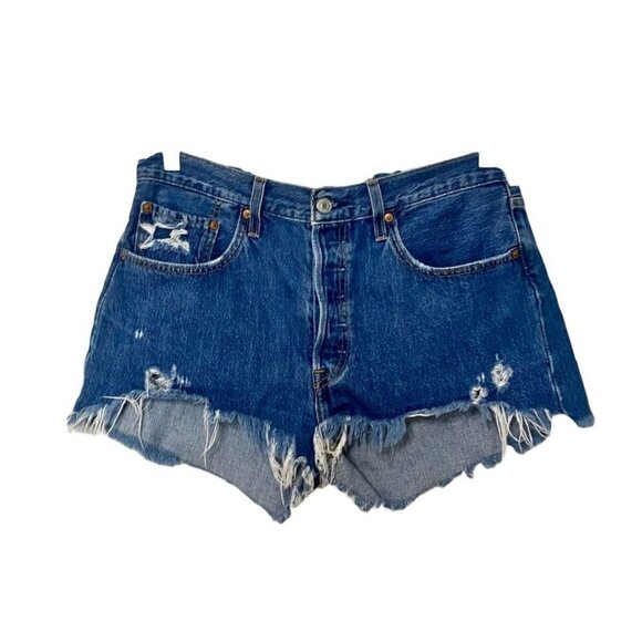 LEVI'S 501 WOMEN'S  MEDIUM DENIM BUTTON FLY VERY SHORT DIY FRAY JEANS SHORTS - Picture 1 of 8
